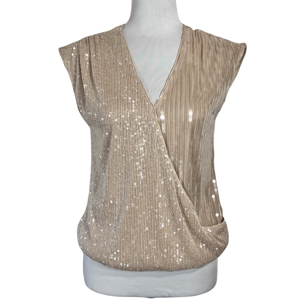 NWT Cable & Gauge Champagne Sequin Faux Wrap Top Size S Sleeveless Dressy Blouse